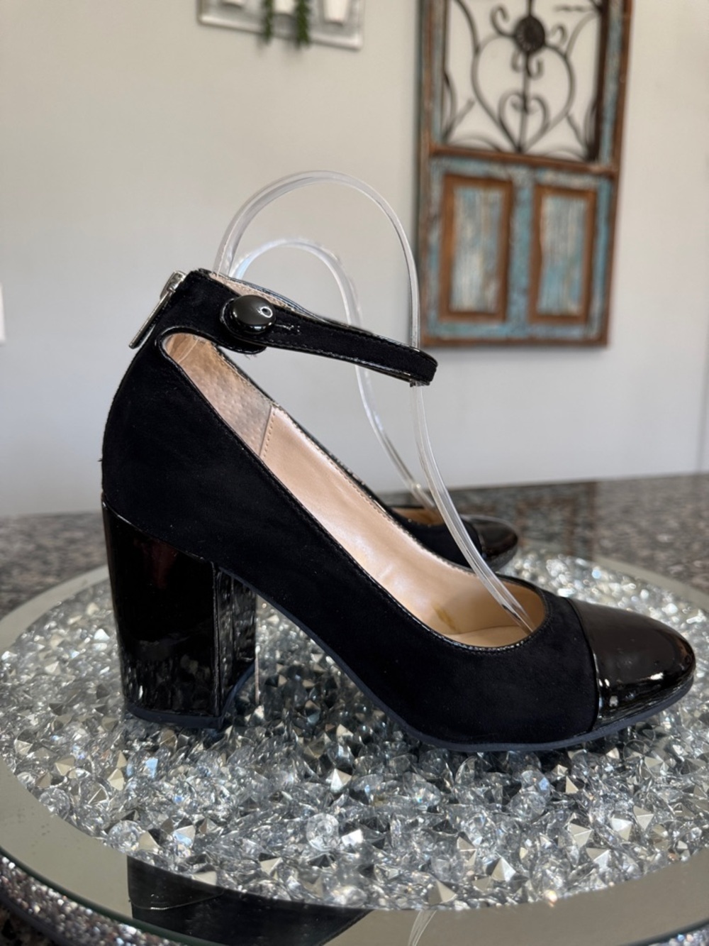 Unisa Black Mary Jane Block Heel with Patent Toe